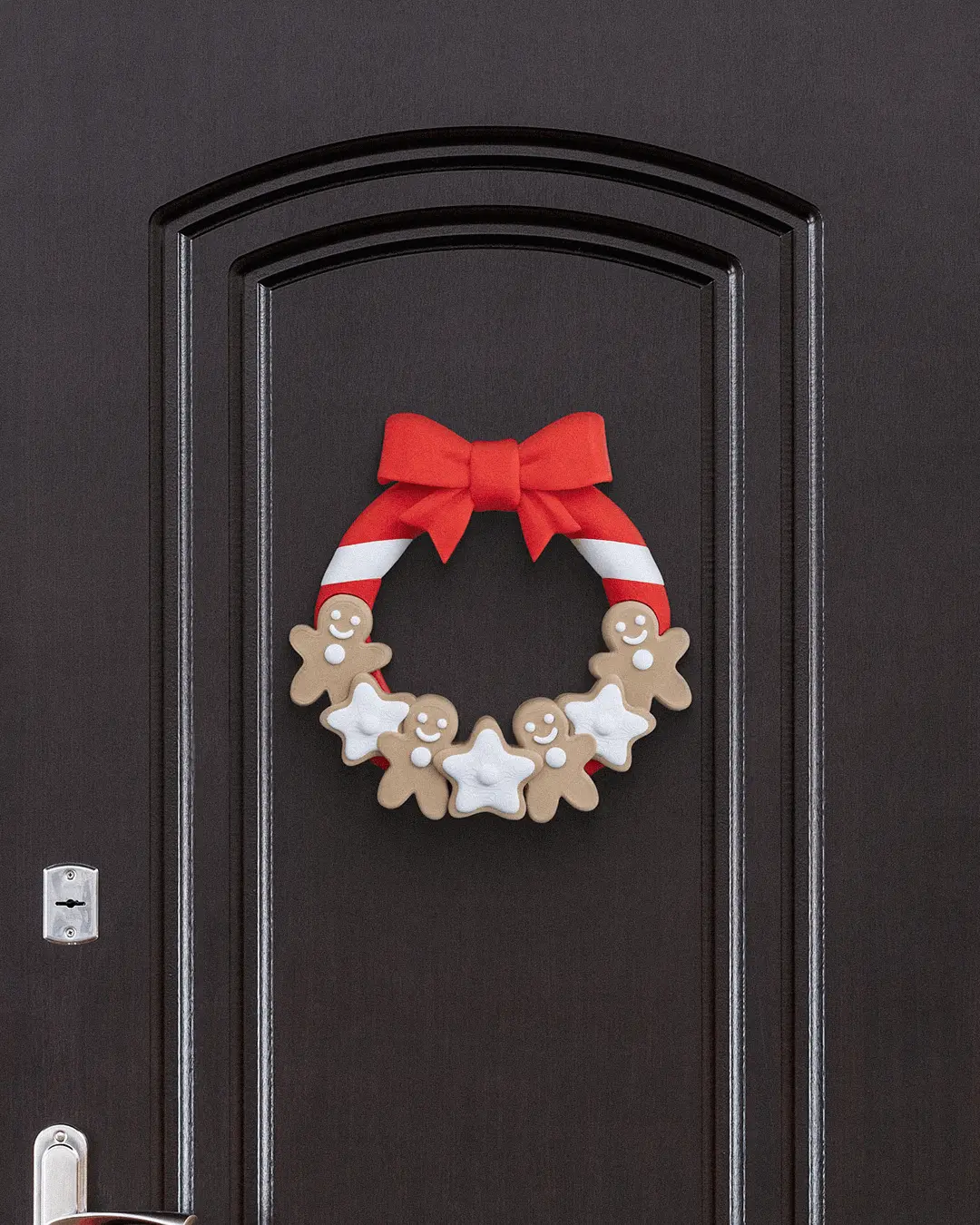 FLOPY Festive Gingerbread Wreath, Christmas Ornaments with Red Bow, Star Accents, Holiday Door Decorations, Beauty Gift for Home Supplies