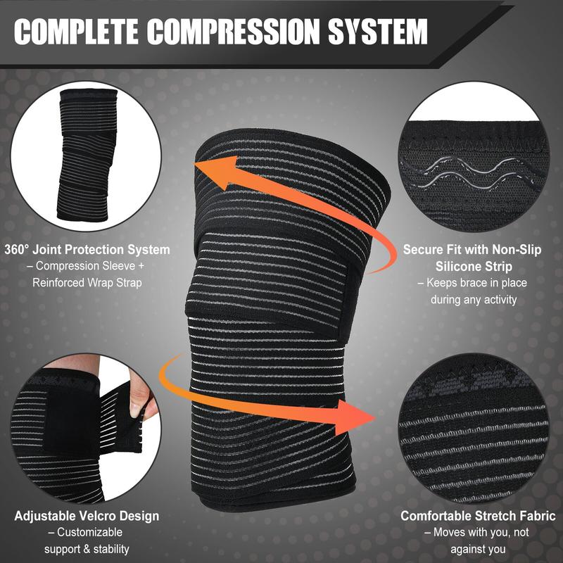 Arthritis Adjustable Compression Knee Support Sleeve with Extra Elastic Strap for Custom Fit & Enhanced Stability Breathable Black 2-in-1 Dual Support Pack（one piece）