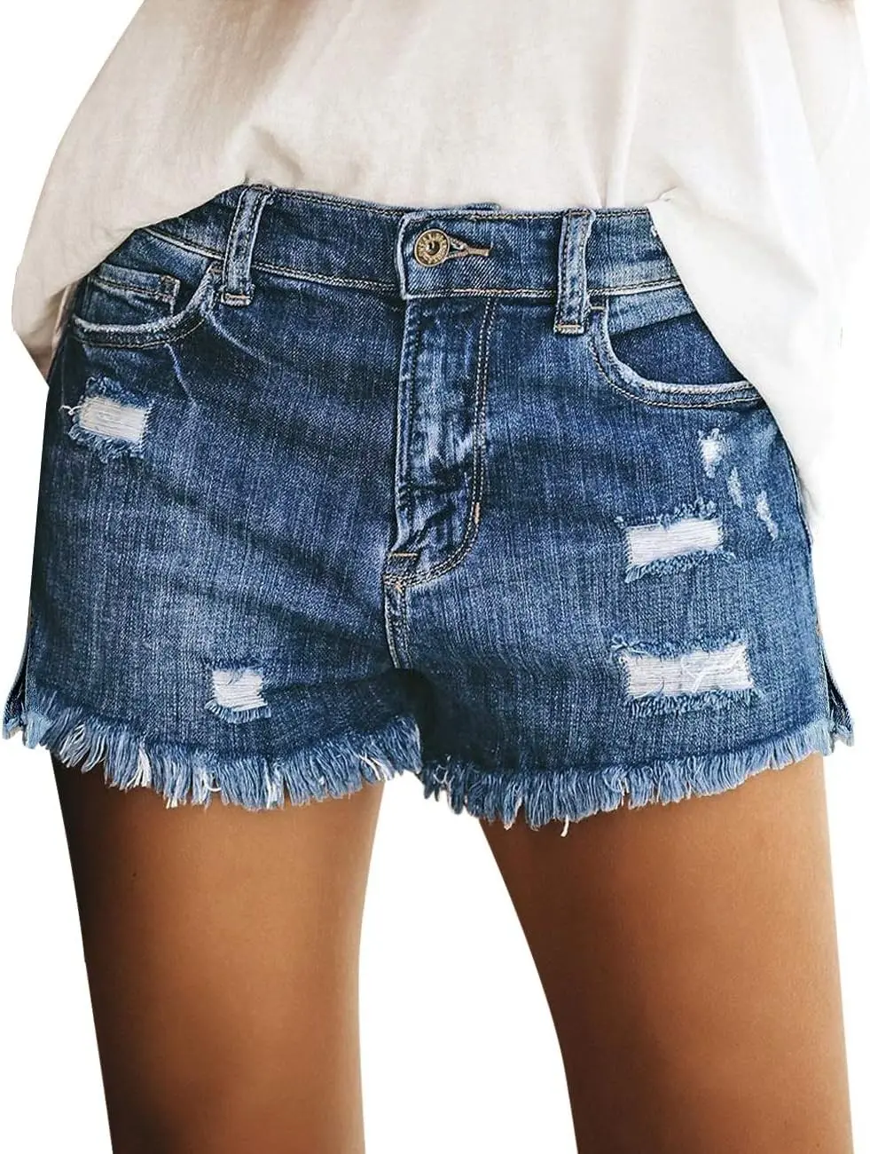Jean Shorts Womens Mid Rise Stretchy Cut Off Frayed Denim Shorts Ripped Summer Casual Beach Vacation Clothes