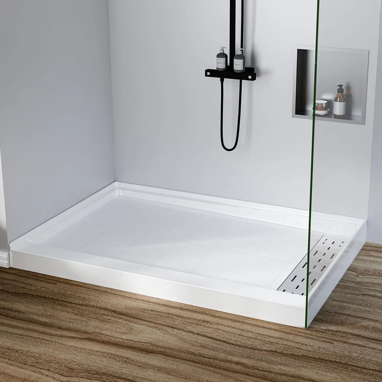Shower Base, Center Drain with Non Slip Shower Pan, 304 Stainless Steel Square Drain Cover, Single Threshold Shower Tray Kit, White