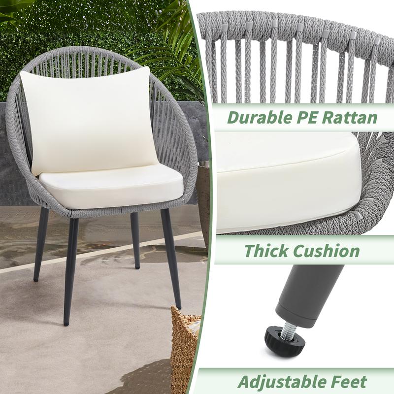 3-Piece All-Weather Bistro Set – Woven Rope Chairs with Cushions & Side Table, Modern Black Patio Set for Balcony, Poolside & Outdoor Lounging