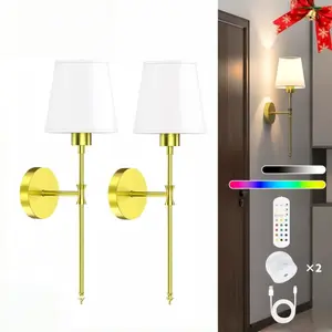 RGB Wall Sconce Set of 2 with Remote Control, Dimmable E26 Color Changing Bulbs, Easy Install Wall Light for Home Bedroom Decor Double Head USB Wireless Desk Lamp Personalized LED Music Night Adjustable Ultra Bright Garage Vintage Gold Glass Pendant