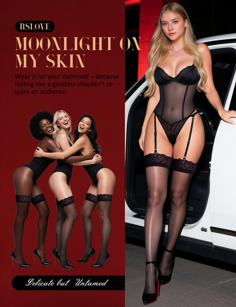 RSLOVE Valentine's Day Silky Sheer Thigh High Stockings with Anti-Slip Lace Top - Elegant "Filter-Leg" Hosiery for Date Night & Office Wear