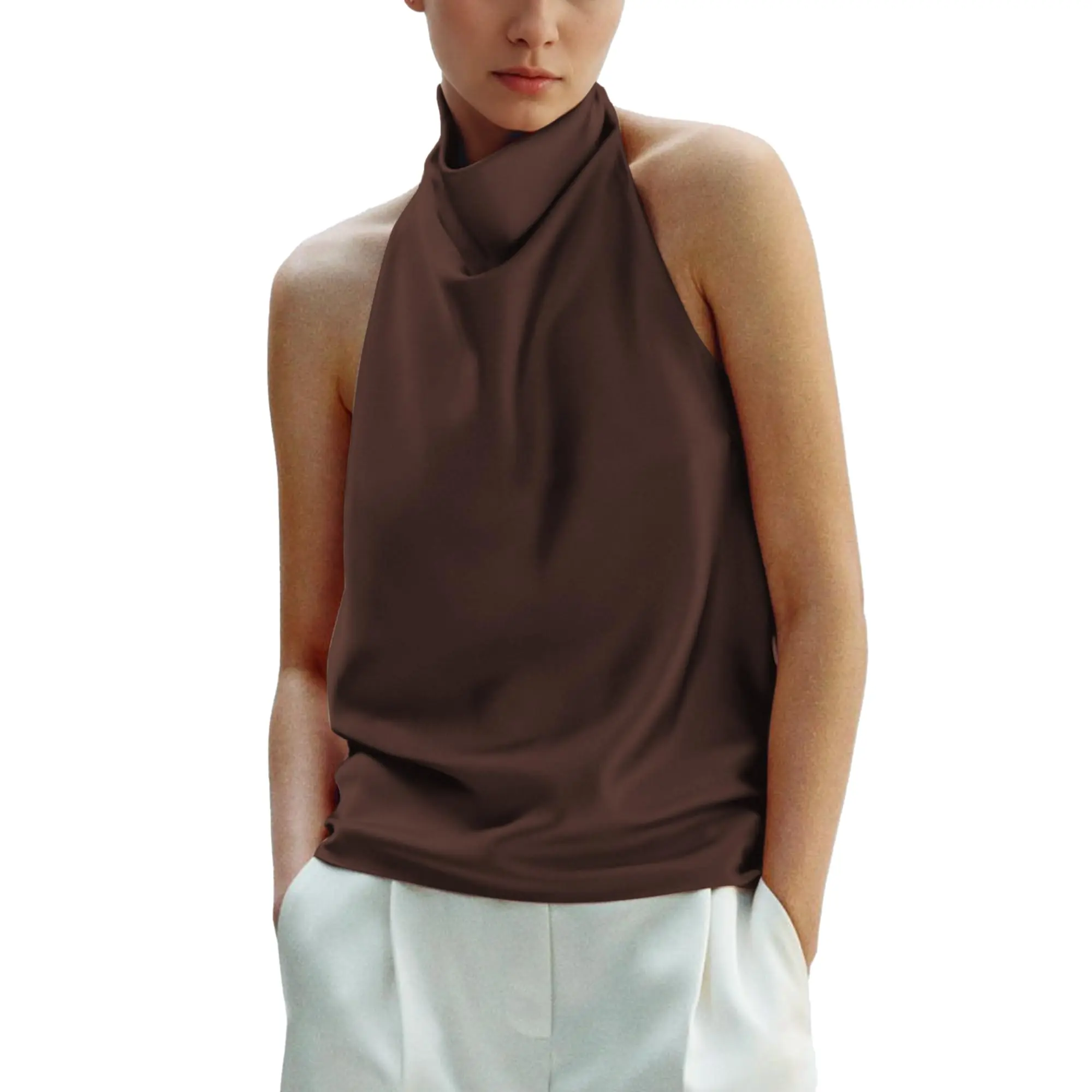 MaLinfandor Women's Chic Halter Tank Top in Glossy Satin Fabric, an Elegant Loose Fit Summer Top with a Backless Draped Front, Elegance, Sleeveless, Dressy Tops