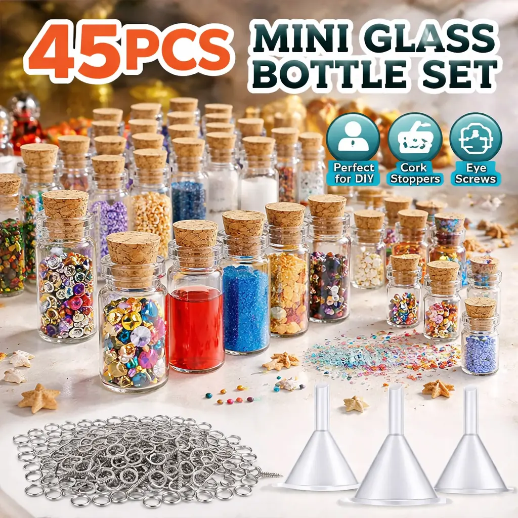 45-Pack Mini Glass Jar Kit with Cork Lids & Metal Accents, 5 Sizes (0.5ml-10ml) - 45 Bottles + 50 Screws + 3 Funnels for Witchcraft Spells, Herb Storage, Wedding Perfume Sample Containers