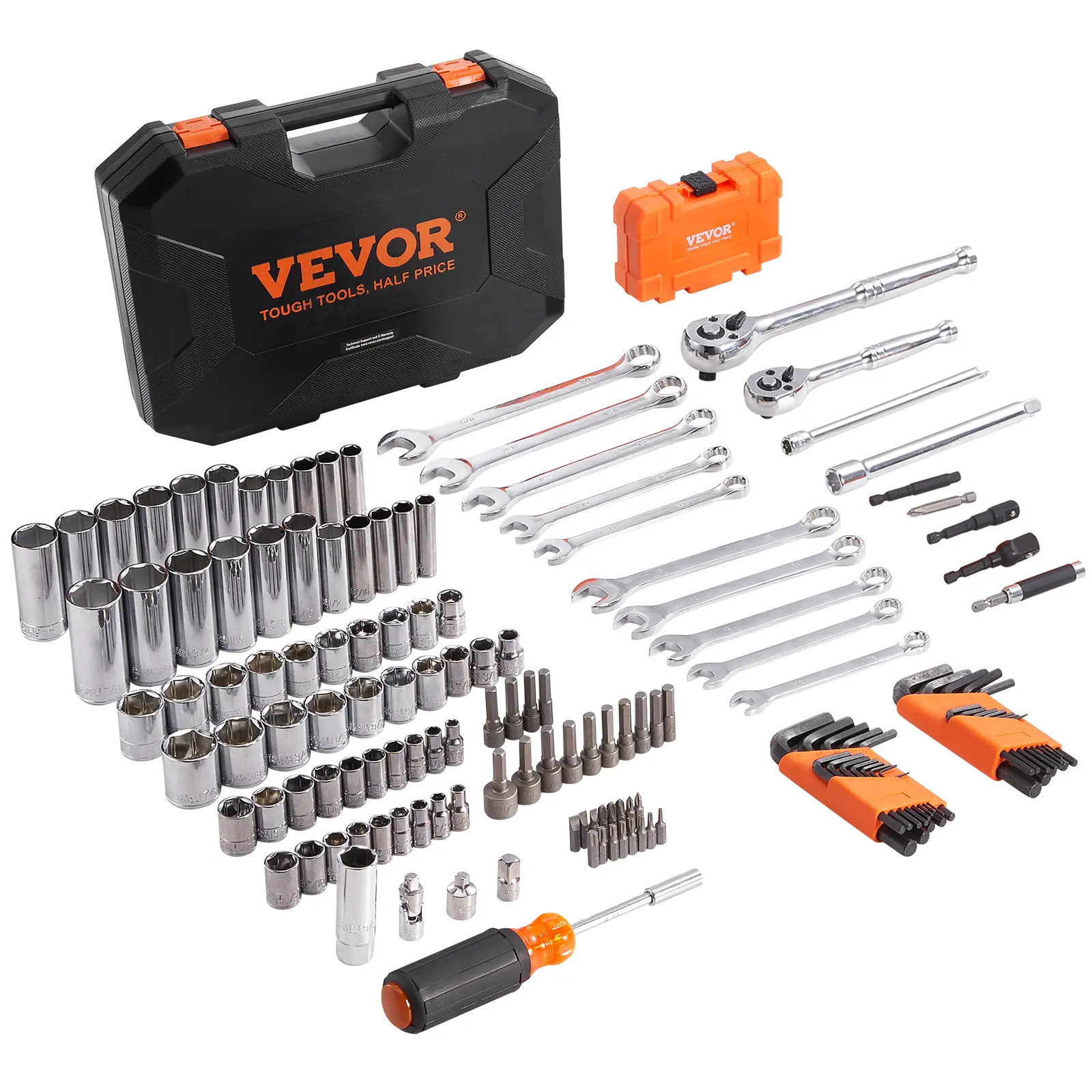 【summerfinds】VEVOR 145-Pc Mechanic Work Tools Kit - 1/4"-&3/8"-Drive Ratchet Set, Swivel SAE/Metric Deep&Standard Socket Set, Screwdrivers, Wrenches, Bits, Accessories with Storage Case (Father's Day Gift, Car Care), Swivel Socket Set