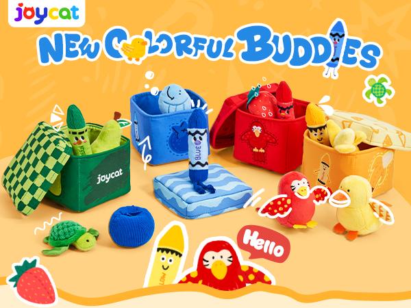 JoyCat Color Sorting Sensory Toys for Kids, Baby Montessori Toys, 12 PCS Push with 4 Boxes, Animal Fruit Crinkle Crayon Toys, Boy Girl Gift, Play Food