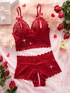 2 Pcs Valentine's Day Surprise Gift Floral Lace Sexy Lingerie Set- Adjustable Sheer Bra With Bow & Breathable Open Panty Romantic Underwear For Women Party Season Party Outfits