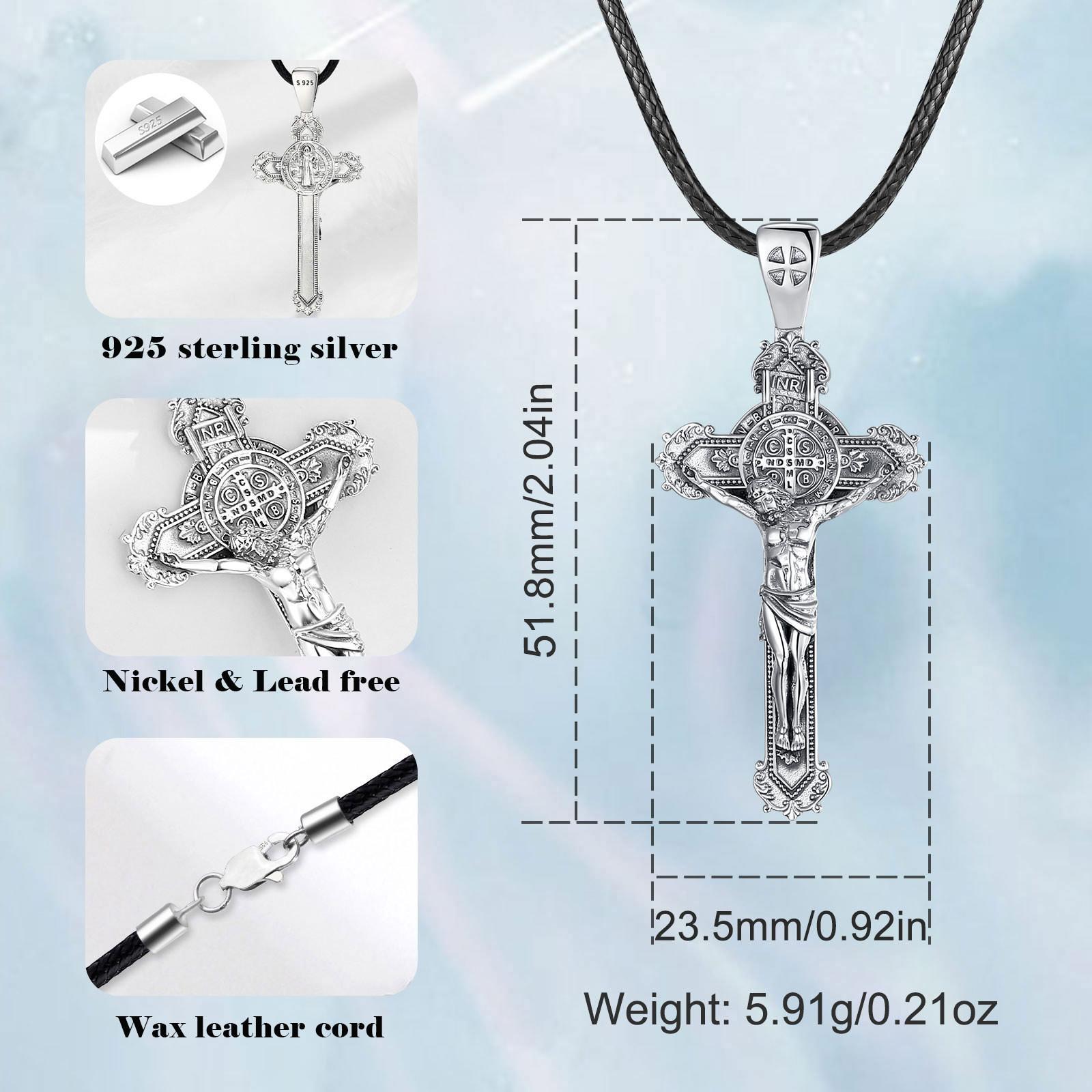 Eudora S925 Sliver St Benedict Pendant Necklace, San Benito Cross Medal for Him, Vintage Saint Benedict Amulet, Catholic Protection Amulet, Christian Jewelry Gift