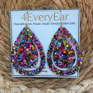 Handcrafted Sorbet Sprinkle Glitter Teardrop Dangle Earrings Hypoallergenic Plastic Hooks & Rubber Backs