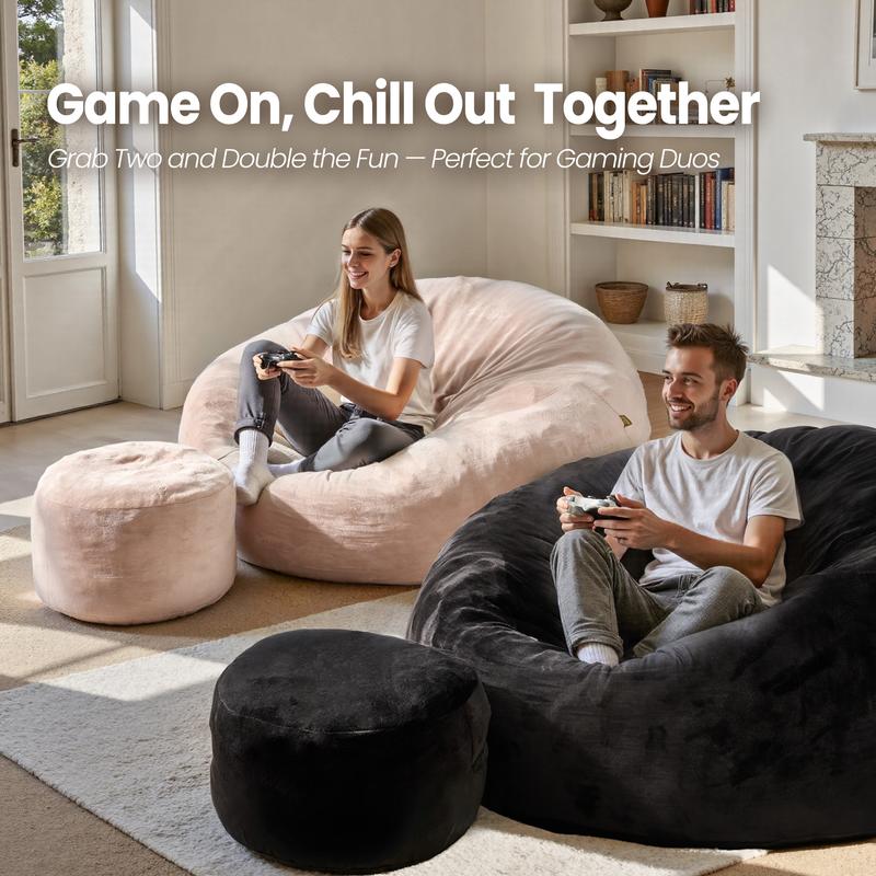 【Jumpstart Sale】Ovios Large 59" W Bean Bag Chair with Ottoman for Adults, Comfy Boneless Round Couch with Foam Filling and Plush Cover, O Shaped Fluffy Sofa Bed for Bedroom College Dorm