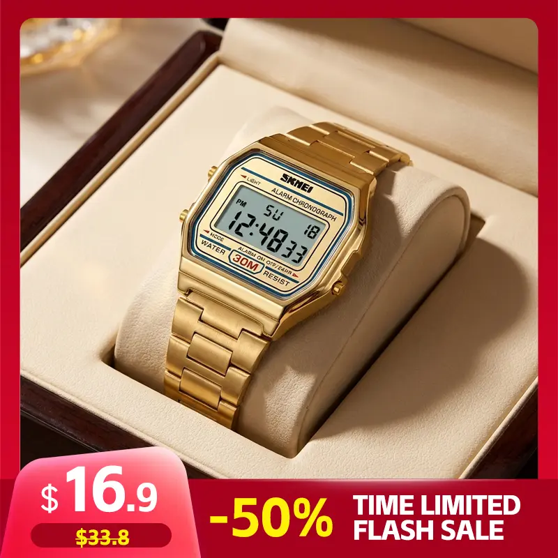 SKMEI Antique-Inspired Gold-Covered Illuminated Alarm Battery-Operated Digital Wristwatch - Classic Retro Small Square INS-Style Casual Men's Watch with Calendar, Timing Function, Gold-Covered Digital Watches, Illuminated Digital Watches