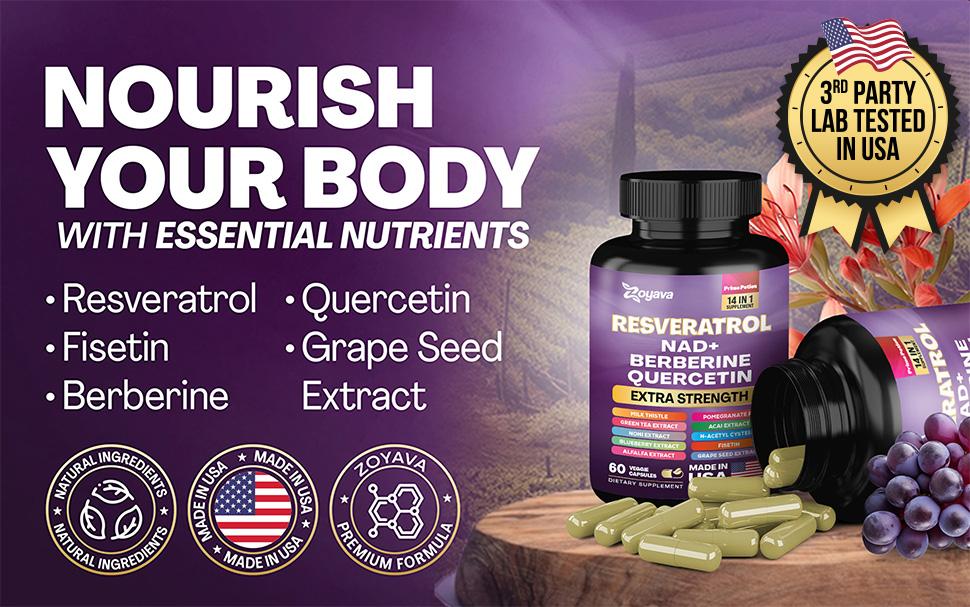 Zoyava Resveratrol Supplement - All-in-One Supplement for Skin Aging Support with NAD+ & 14+ Extra Strength Ingredients - Made in USA - 60 Capsules