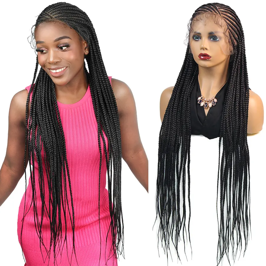 Goddess 36Inches Cornrow Braided Wigs Synthetic Full Lace Braids Wig Handmade Fulani Knotless Box Braided Lace Wig For Black Women