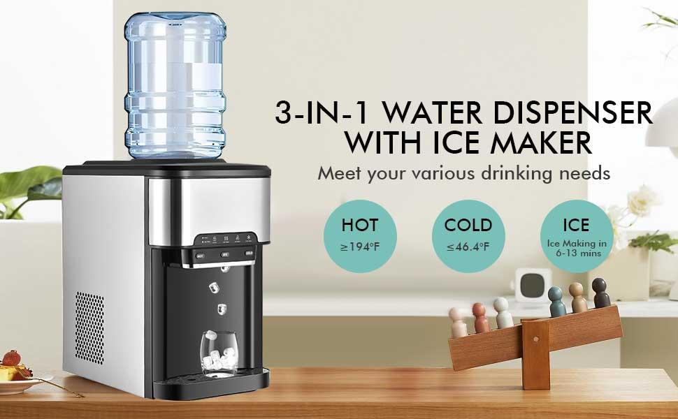 COSTWAY Countertop Water Cooler Dispenser with Ice Maker, 3 in 1 Top-Loading Hot & Cold Water Dispenser 5 Gallon, 48 LBS Daily-Ice, Portable Ice Cube Makers Machine for Home Kitchen Office Bar