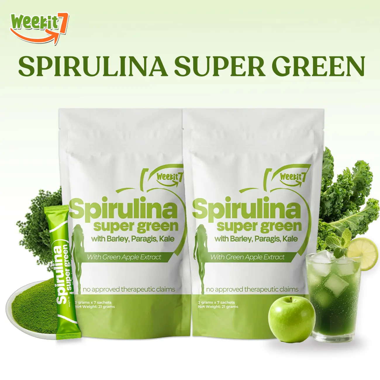 Weekit7 Spirulina Powder Super Greens 5-in-1 Drink with Barley Kale & Paragis in Green Apple Flavor for Digestive Health & Skin Care 7pcs/pack Edible Fitness Healthcare Vitamin support immune function protein