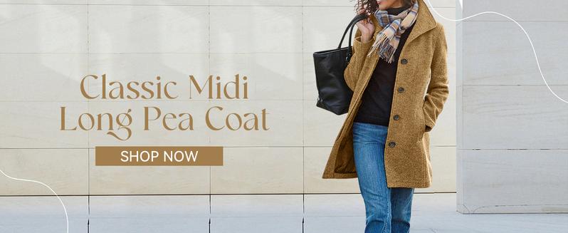 Ebossy Women's Classic Midi Pea Coat Windproof Wool Blend Stand Collar Single Breasted Fitted Winter Outerwear Jacket for Daily Wear & Outdoor Activities