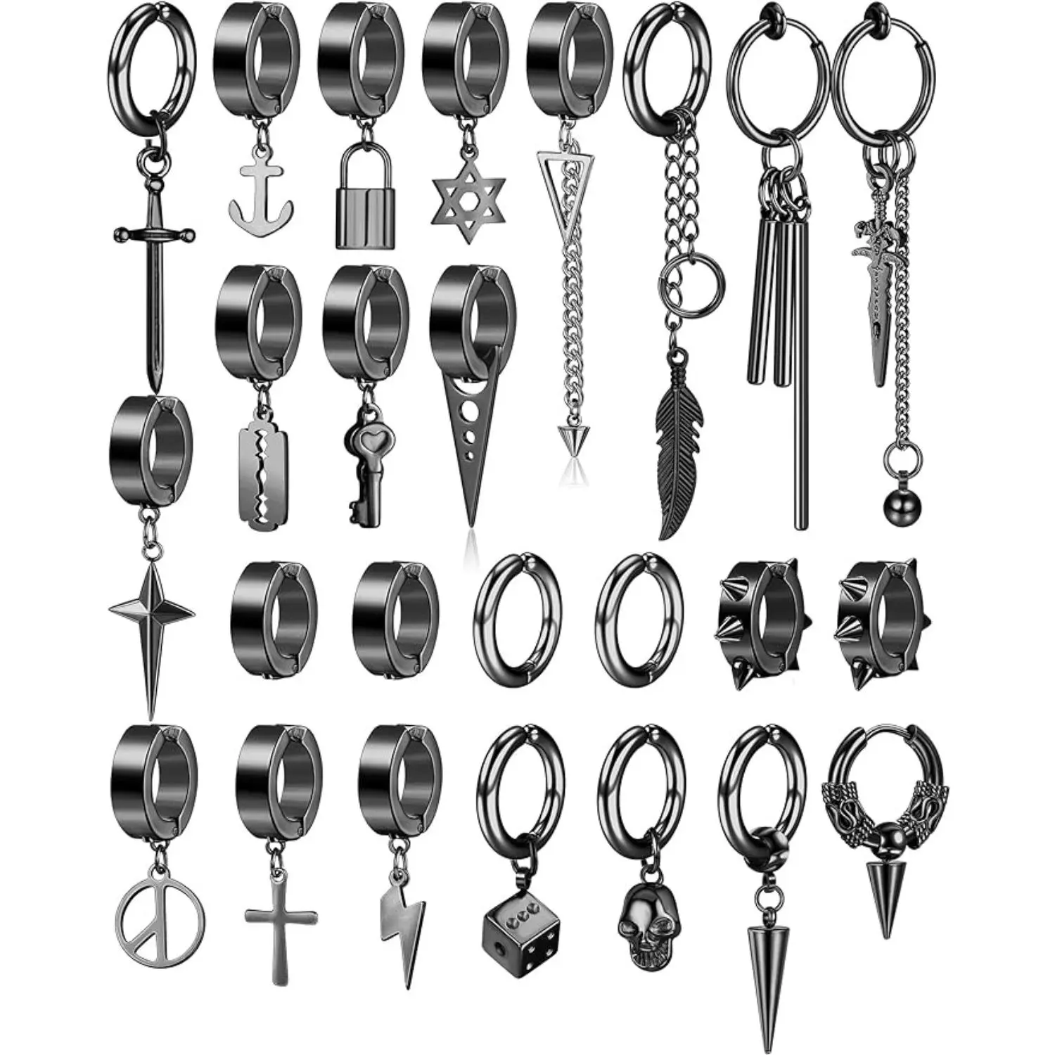CASSIECA 25pcs Punk Style Fake Piercing Clip-On Earrings Set - Stainless Steel Cross Chain Dangle Black Huggie Hoops Jewelry for Women, Daily & Halloween Accessories