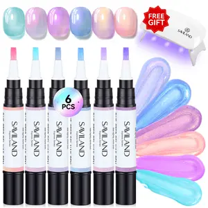 SAVILAND Express One-Step Gel Nail Polish Pens – 6 Pearl Pink & Blue Colors, 3-in-1 Base, Color & Top Gel in a Pen, Aurora Effect, Travel-Friendly 4ml (UV Lamp Required)