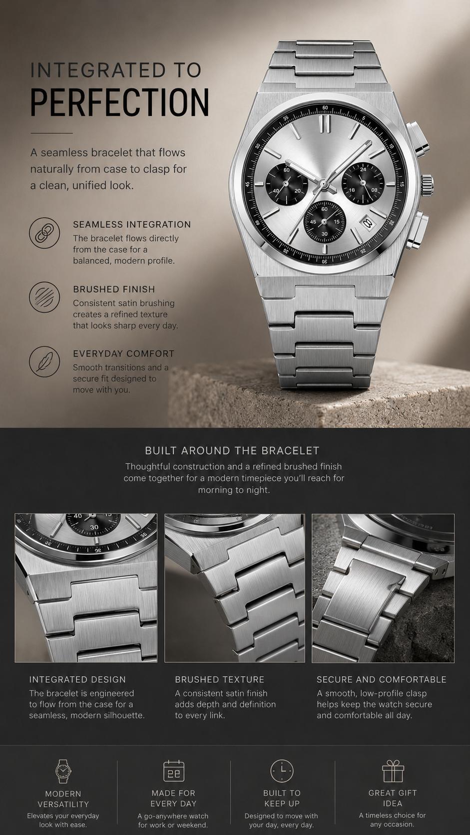 Men's Casual Business Analog Chronograph Watch, Classic Stainless Steel Metal Band, Quartz Movement, Analog Face, Round Shape, Mineral Glass, Calendar Date Display, 30M-50M Water Resistant, Clasp Closure, Daily Wear Fashion Accessory