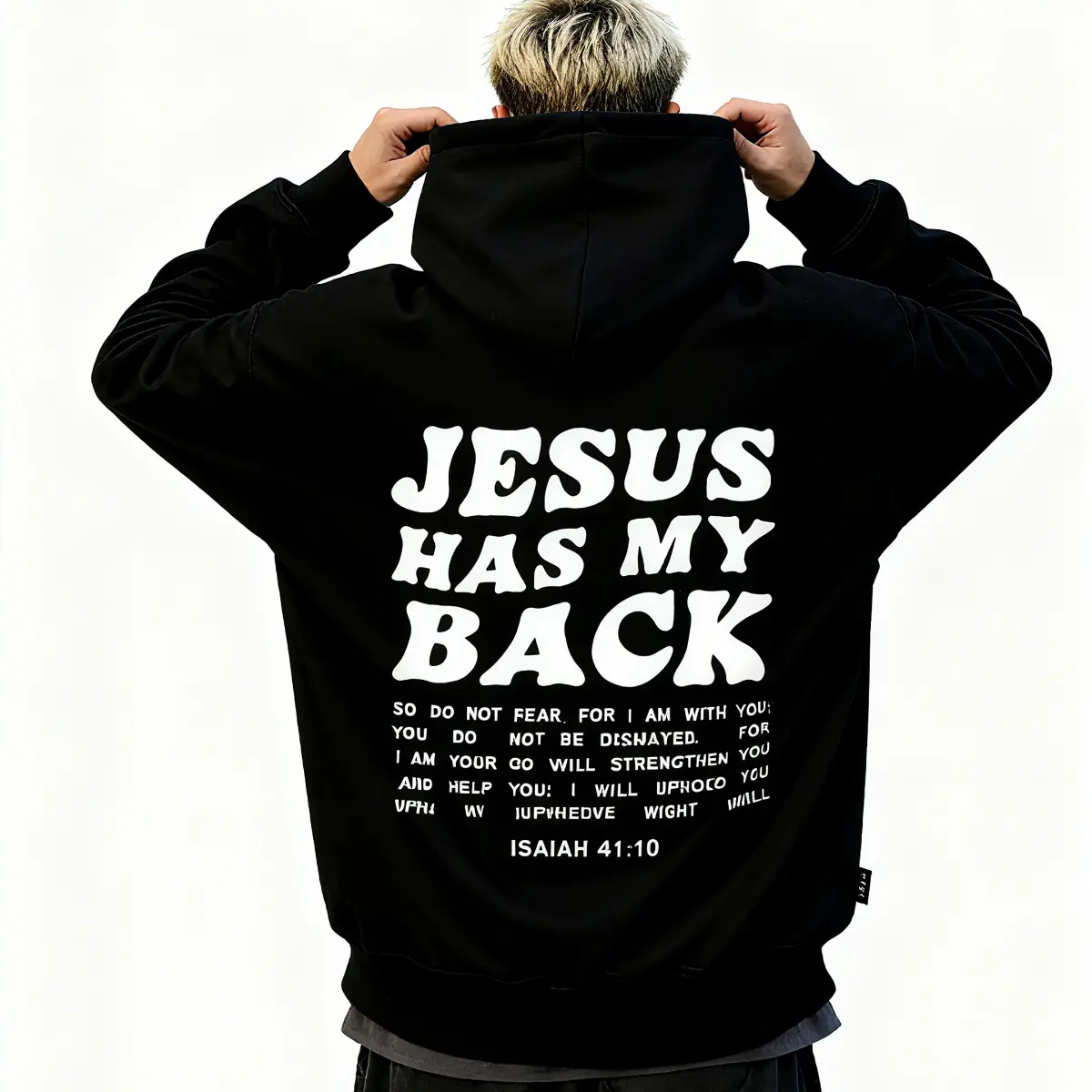 Faith-Driven Style! Black Hoodie with 'JESUS HAS MY BACK' Text and Bible Verse, Spiritual Inspiration Apparel, Christian Hoodie, Inspirational Sweatshirt, Religious Clothing, Comfortable Cotton, Trendy Faith Gear, Faith-Based Fashion, Unisex Unisex hoodie
