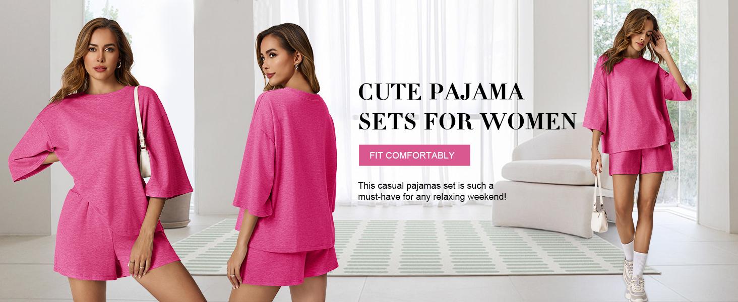 Tankaneo Womens Pajama Sets 3/4 Sleeve Oversized Tops and Elastic Waist Shorts Lounge Sets Loungewear
