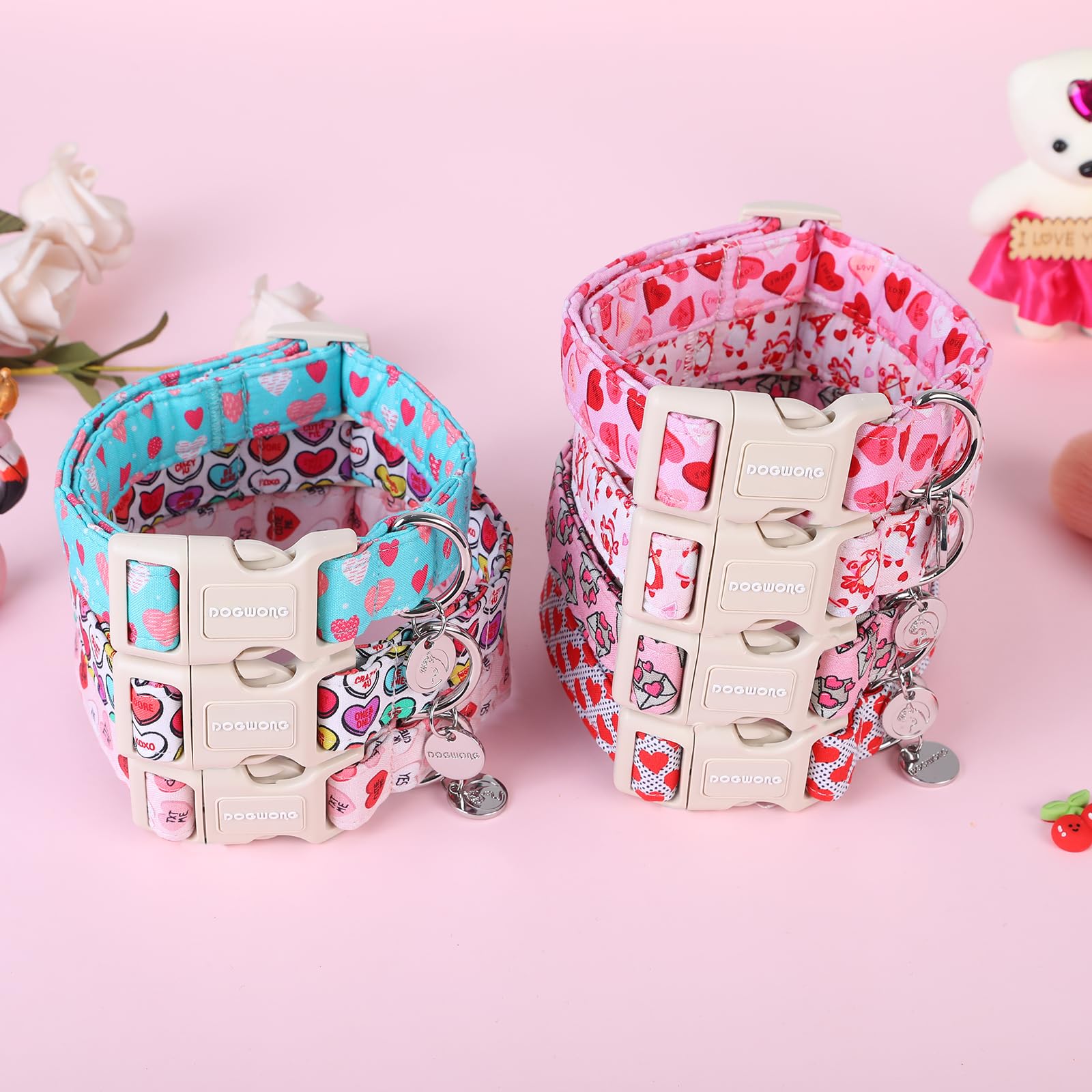 DOGWONG Valentine's Dog Collar, Adjustable Pink Heart Dog Accessory - Lightweight Collar for Small, Medium & Large Dogs
