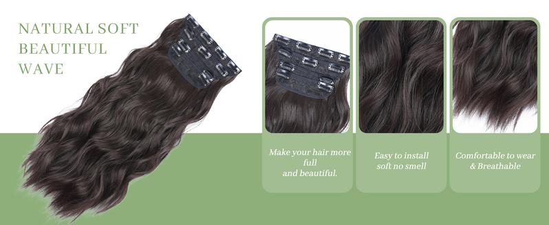 4Pcs Clip in Hair Extensions, Long Wavy Synthetic Hair Extension Clip in, 20 Inches Brown Black Hair Extensions for Women instant volume