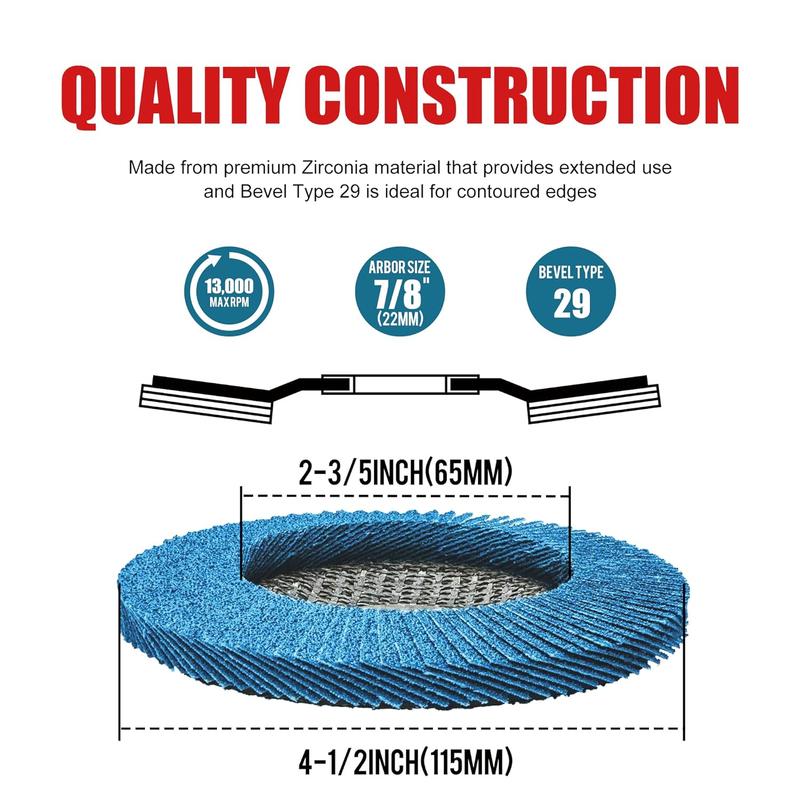 EZARC 4-1/2 x 7/8 inch T29 Zirconia Flap Discs For Stainless Steel, Sheet Metal, 40/60/80/120 Grits, Mixed Set, Grinding Wheel, Sanding Disc EZARC 4-1/2 x 7/8 inch T29 Zirconia Flap Discs For Stainless Steel, Sheet Metal, 40/60/80/120 Grits, Mixed Set, Grinding Wheel, Sanding Disc