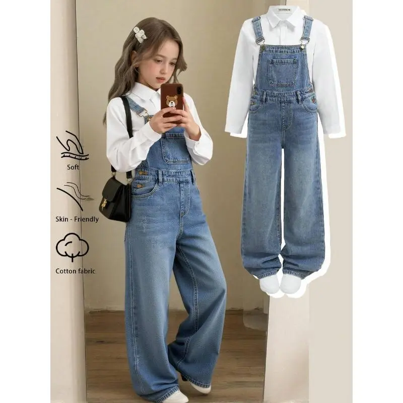 Girls  Fall/Winter Urban Street Cool Style Fashion Casual Korean Style Simple Basic Blue Denim Ripped Loose Fit Jumpsuit Overalls,For Girls Dailywear Costumes Fall/Winter Clothes And Back To School Clothes,Girls Streetwear Outfits,Girls Ch denim overall