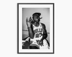 No Framed - Michael Jordan Smoking Cigar Art Print - Iconic Basketball Legend Photography Poster - Black and White Wall Art for Office & Man Cave