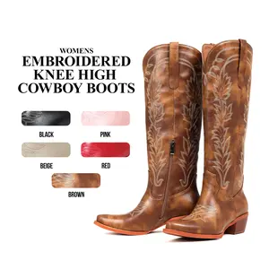 CYNLLIO Womens  Knee High Cowboy Country  Boots Snip Toe Chunky Block Heels Pull On Comfy Classic Embroided Side Zipper Fashionable Outing Walking Party Casual Riding Club Spring Wide Calf Western Fashion Boots