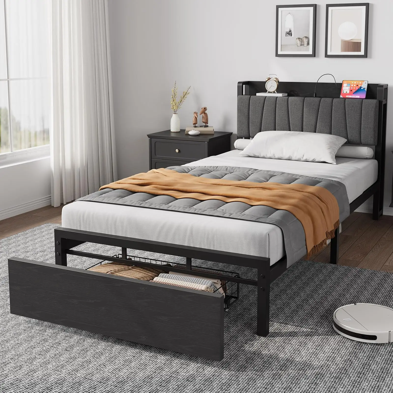 Garvee Twin Size Bed Frame with 1 Storage Drawer and Charging Station