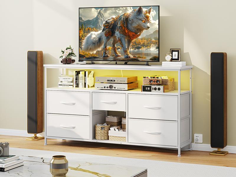 【Storage  LED TV Stand】 Raybee 5 Drawers Dresser & TV Stand for Living Room,Dresser for Bedroom Chest of 5 Drawers Cabinet TV Stand with LED Lights Entertainment Table with Built-in Power Outlets USB Ports for Hallway,43''W × 12''D × 31‘’H