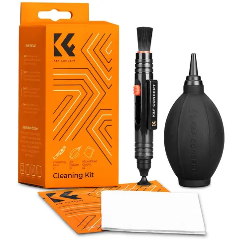 K&F CONCEPT Eco-Certified 4-in-1 Complete Camera Lens Cleaning Kit - Lens Cleaning Pen, Camera Air Blower, Microfiber Cloth, Solution for DSLR Lenses (Canon, Nikon, Pentax, Sony) & Cell Phones, Microfiber Wipe, Cleaning Camera Lens