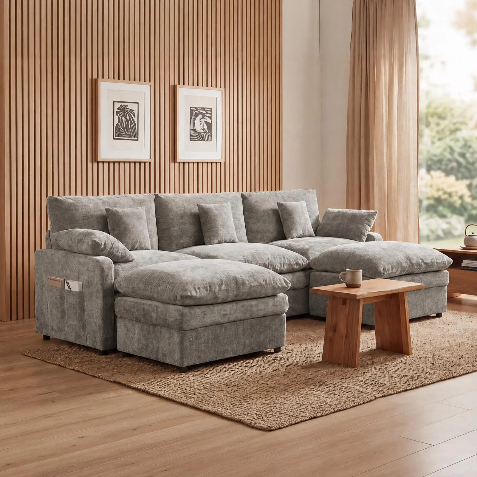 Garvee 107.8" Modular Sectional Sofa with U-Shaped Chenille Cloud Design, Movable Ottoman, and Comfortable Throw Pillows, Ideal for Living Room, Bedroom, and Apartment, Available in Blue and Beige