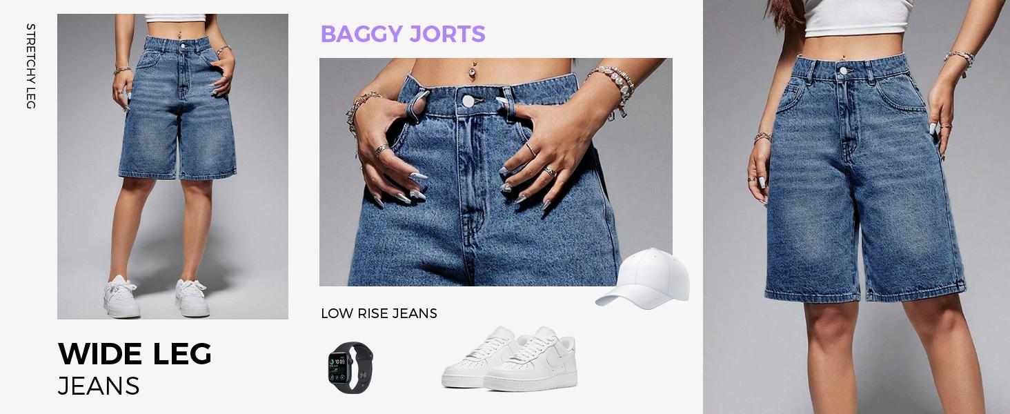 EMMIOL【Back to School】Women's Jorts Mid-Low Waisted Baggy Bermuda Jeans Jorts Summer Casual Denim Loose-Fitting with Basic 5 Pockets -  Blue Street Womenswear Summer Vibes