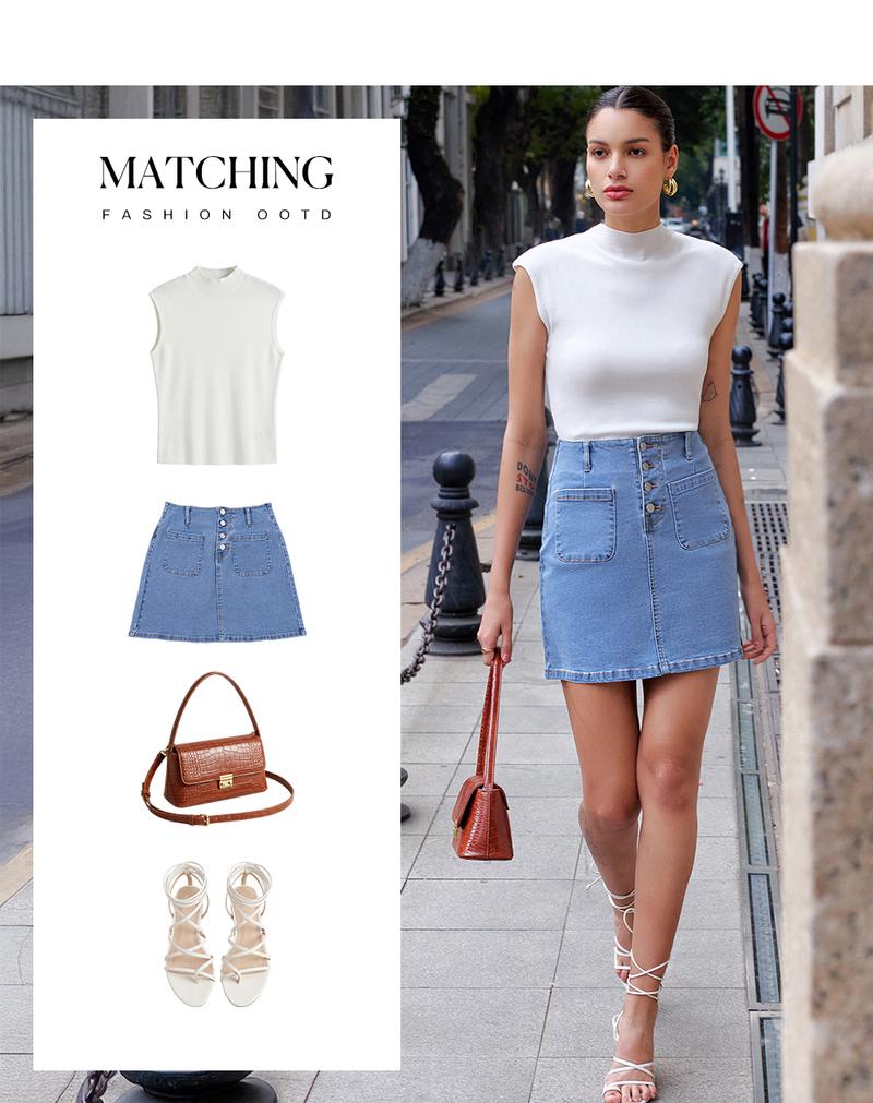 Sidefeel Women's Jean Skirt High Waist Summer Stretch Zimbaplatinum Denim Skirt Button Knee Length Skirt with Pockets