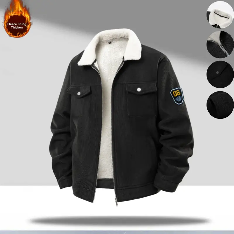 Menswear Plush Fleece-Lined Thick Lambswool Corduroy Jacket - Classic Turn-Down Collar, Retro Workwear Casual Style, Graphic Black Quilted Coat for Autumn Winter Casual Outings Everyday Wear