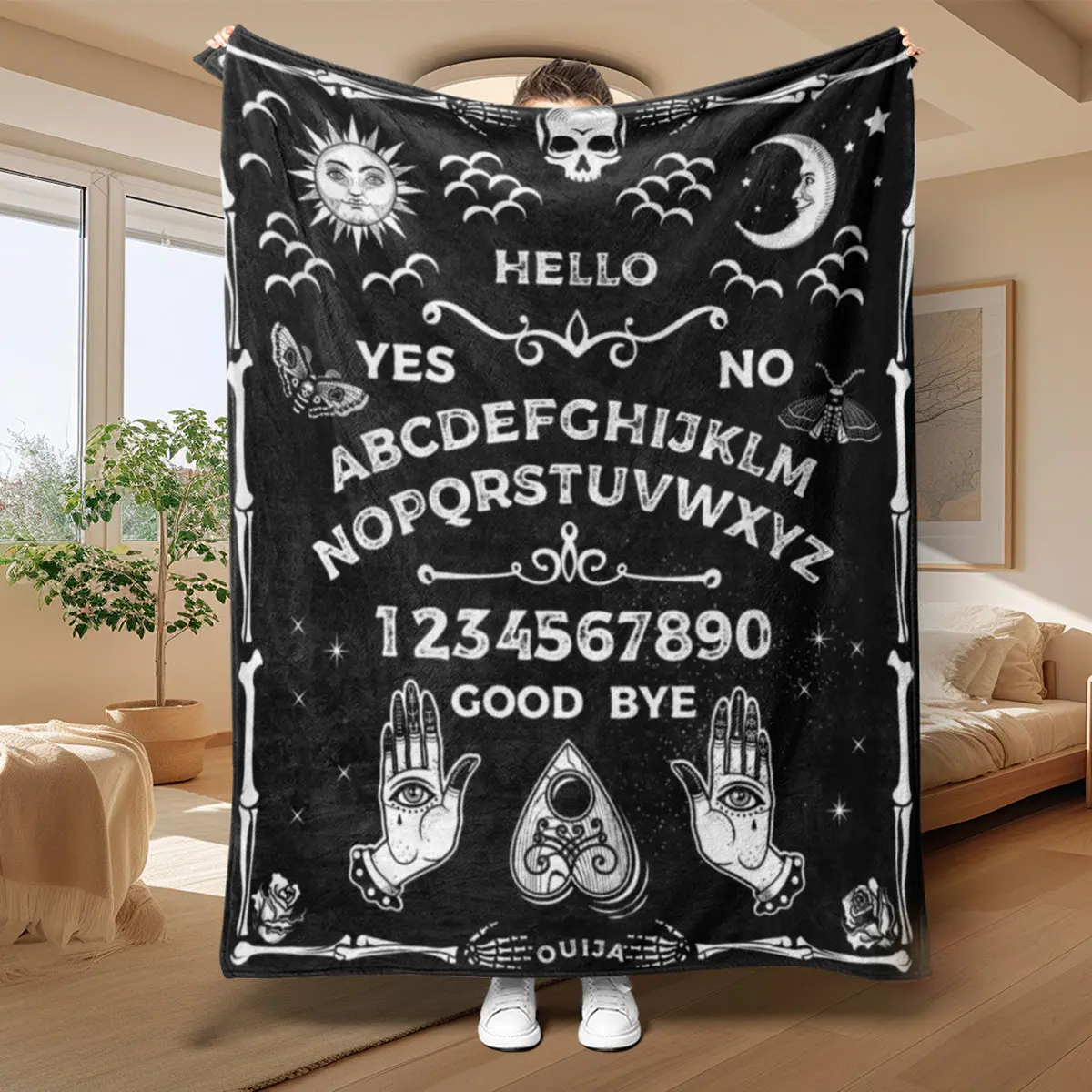 Soft Flannel Throw Blanket with Ouija Board Pattern, Cozy and Skin-Friendly, Perfect for Sofa Bed Office, All-Season Use, Ideal Halloween Gift