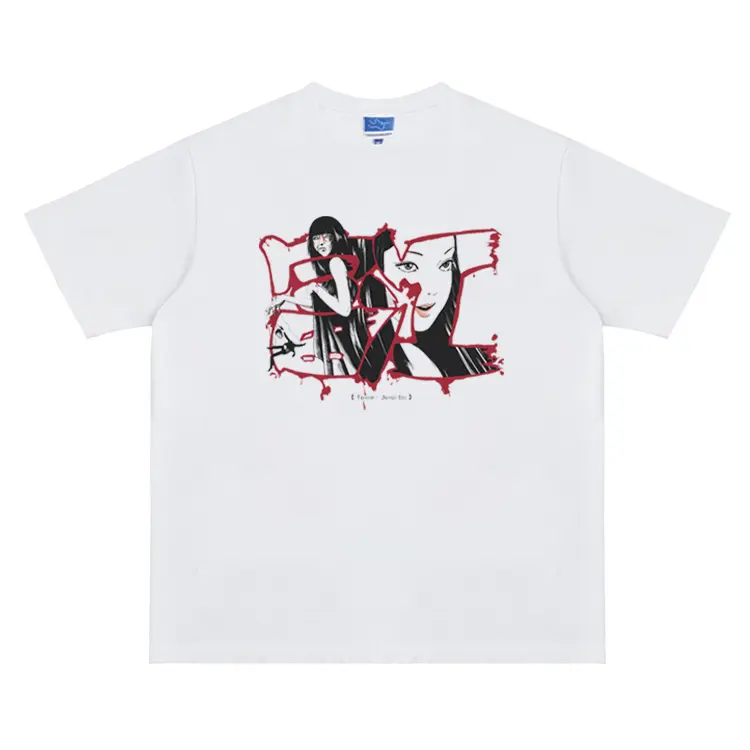 Men's Tomie "I Love" Oversized Heavyweight Vintage T-Shirt - 100% Cotton Round Neck Tropical Short-Sleeve Anime Clothing, Cotton Tops, Printed Shirts, Casual Streetwear Menswear Top White, Crew Necks