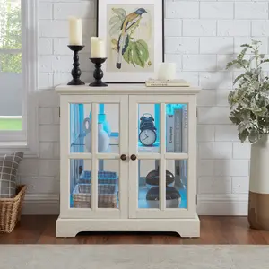 LED Curio Display Cabinet,Antique Display Cabinet with Adjustable Shelves,Retro Design Quality Showcase with Lattice Doors Elegant Bookcase and Storage Cabinet for Home Decor and Organization WHI