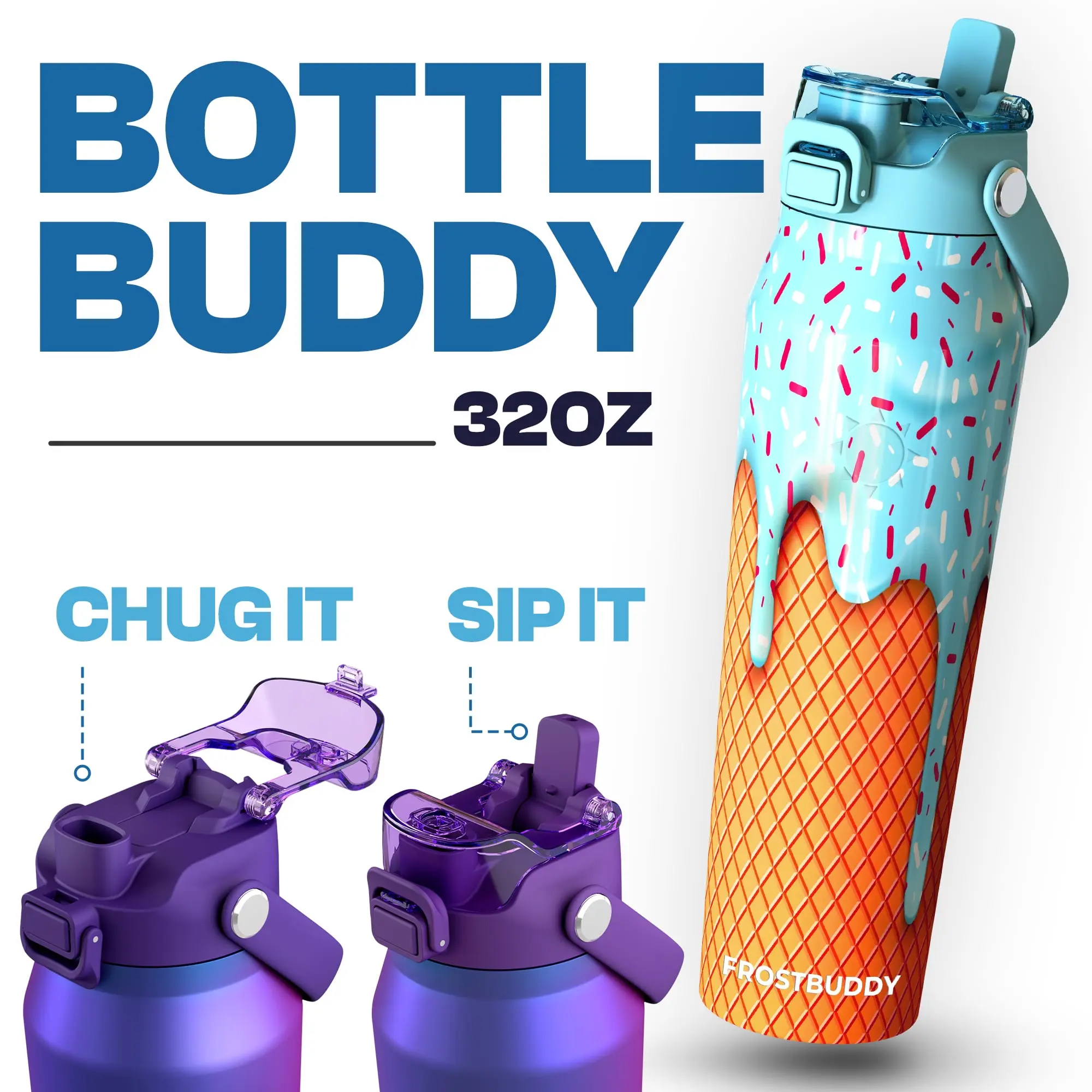 Bottle Buddy - Dual Function lid Water Bottle - Stainless Steel - Double Wall Insulated