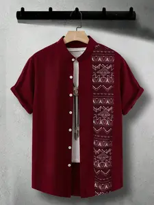 Men's Burgundy Mandarin Collar Short Sleeve Shirt, Geometric Aztec Print Panel Button Down, Tribal Ethnic Streetwear Aesthetic, Premium Breathable Fabric, Loose Fit for Summer, Perfect for Music Festivals, Street Style & Casual Daily Wear
