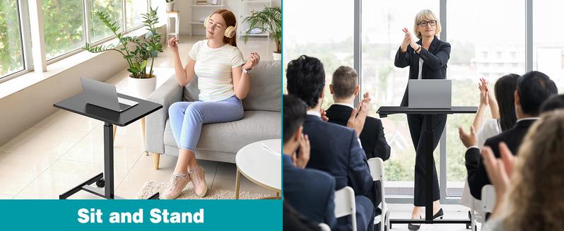 Small Mobile Rolling Standing Desk, Overbed Table, Teacher Podium Desk with Wheels, Adjustable Work Table, Laptop Computer Cart for Home, Office
