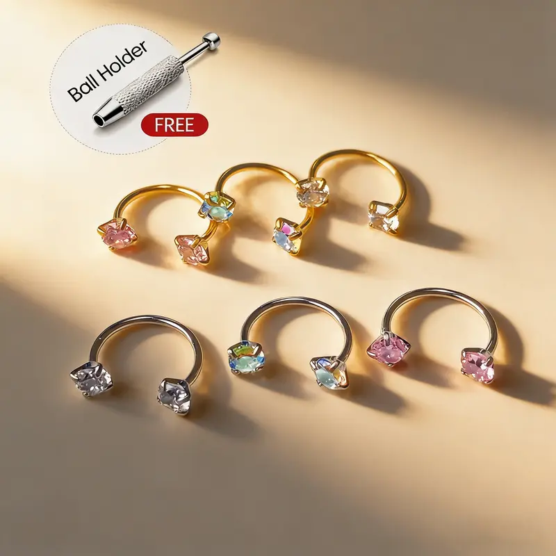 Unisex 18G(1.0mm) Surgical Steel 2-Piece Internally Threaded Gem Horseshoe Nose Hoop Set with Holder, Body Piercing Jewelry for Septum, Cartilage Helix, Everyday Casual Daily Wear