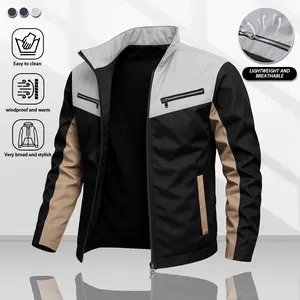 Men’s fashion contrast-color stand-collar jacket; windproof, wear-resistant long-sleeve men’s top; suitable for everyday and formal occasions; casual zip-up sports jacket; spring/autumn multi-pocket fashion utility jacket.