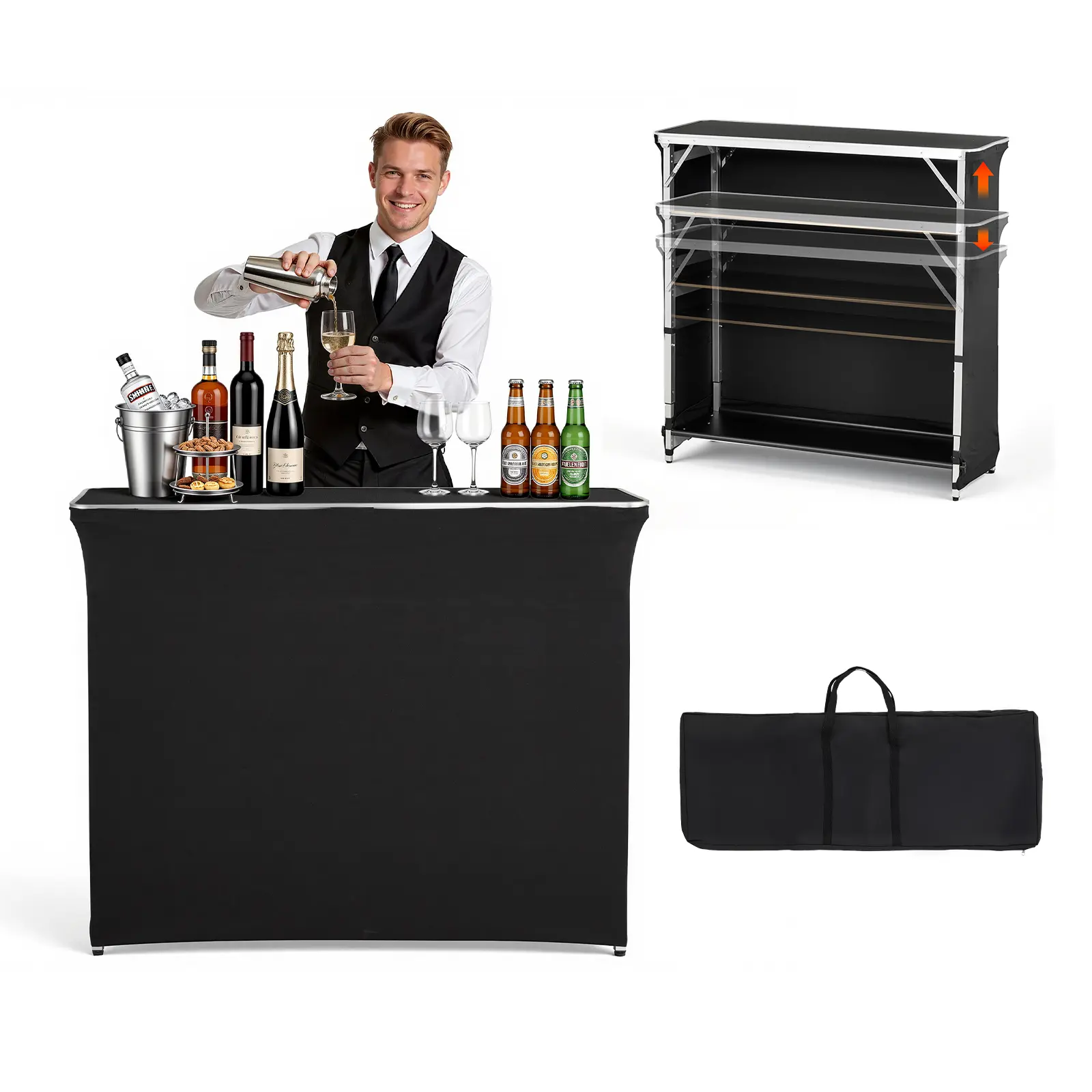【SummerFinds】VEVOR Foldable Portable Bar Table - 43.5x15.4x39.8in Mobile Bartending Station with Carrying Bag, 2 Storage Shelves, 3-Sided Wrap Fabric Detachable Skirt, Quick Setup for Trade Shows, Parties, Neat Storage, Pro-Level Performance, Bar Decor, H