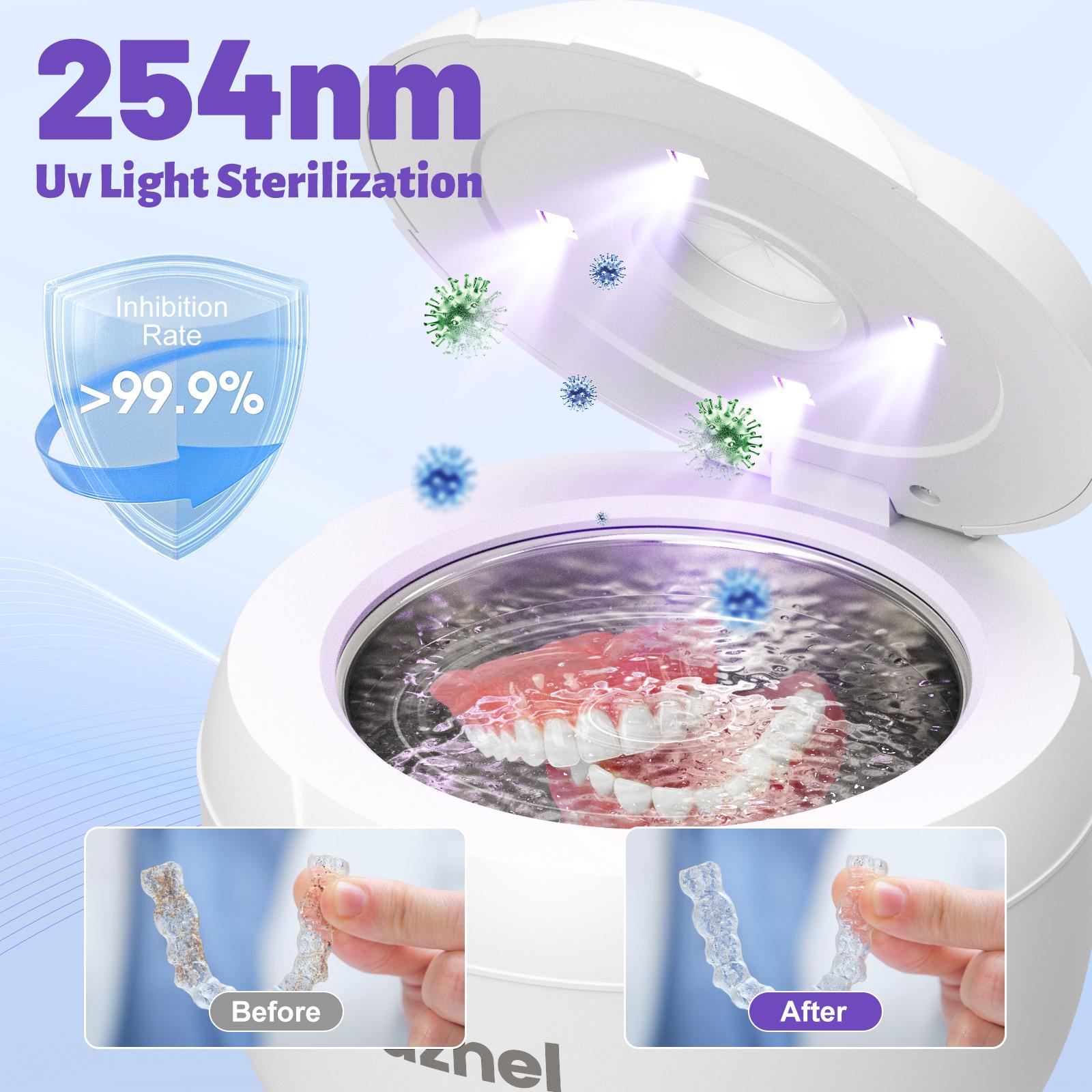 Wazhel Ultrasonic Cleaner for Retainer with UV Light – 45kHz Cleaning Machine for Dentures, Night Guards, Aligners, Toothbrush Heads, Jewelry, Pacifiers & Makeup Brushes – 4 Modes, Digital Timer&200ml Tank