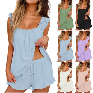 Women Ruffle Pajama Set Square Neck Smocked Babydoll Top Ruffled Mini Shorts Pjs White Bridal Bridesmaid Coquette Sleepwear Loungewear